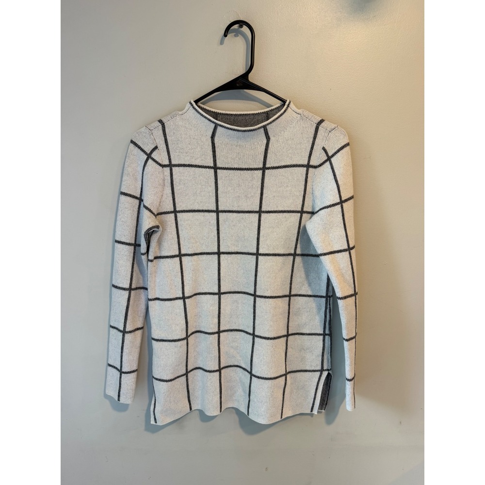 Loft Petites XXSP Sweater White Black Windowpane Grid Crew Neck Knit‎ Top